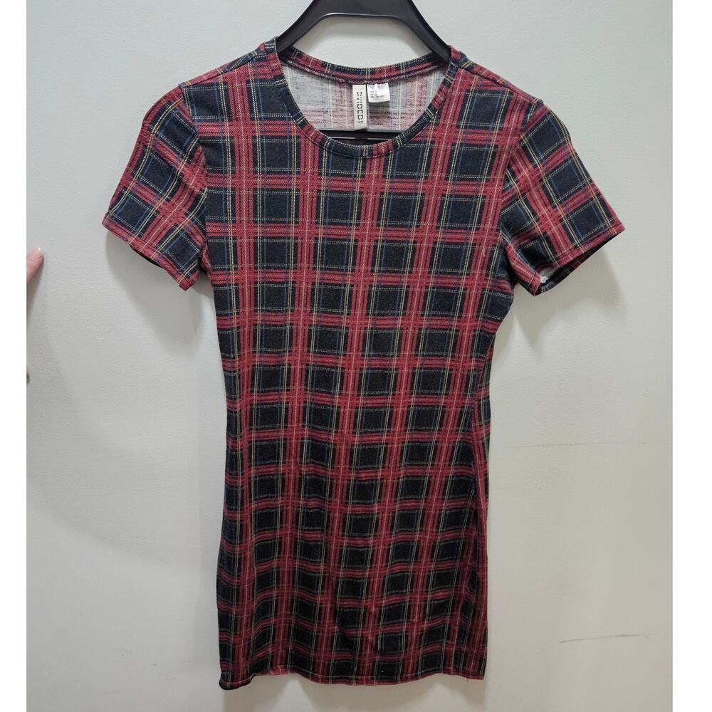 H&M Divided Red Black Tartan Plaid Bodycon Mini Dress S Stretch Y2K Style